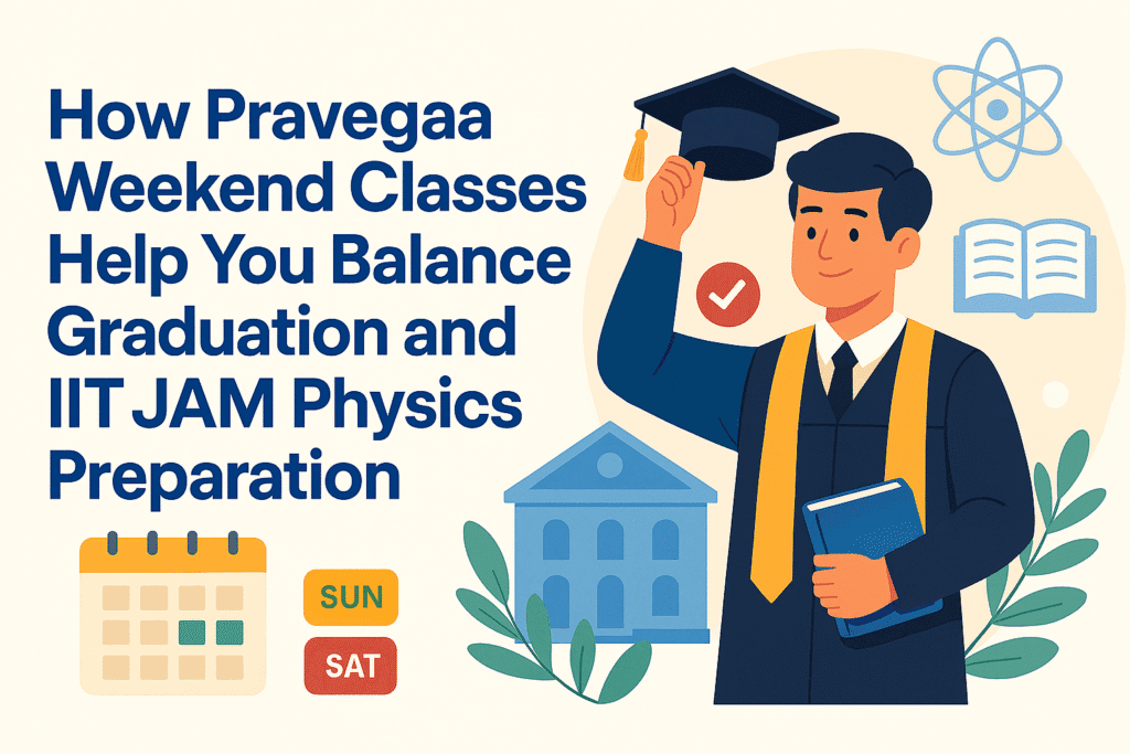 Illustration of a graduate student celebrating with a cap and book, symbolizing balancing graduation and IIT JAM Physics preparation through Pravegaa Weekend Classes. Calendar highlighting Saturday and Sunday for weekend classes.