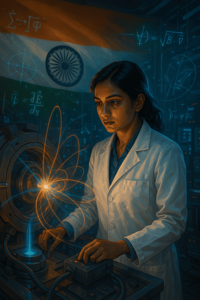 Young Indian female physicist conducting high-energy particle research in a laboratory, with the Indian flag in the background and scientific equations glowing around her