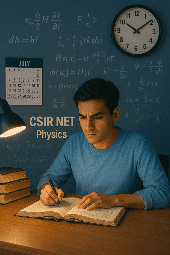 Student studying late night with quantum mechanics notes and wall clock, preparing for CSIR NET Physics
