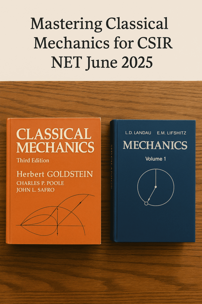 "Books on Classical Mechanics by Herbert Goldstein and Landau & Lifshitz placed on a wooden table with a banner reading 'Mastering Classical Mechanics for CSIR NET June 2025'"