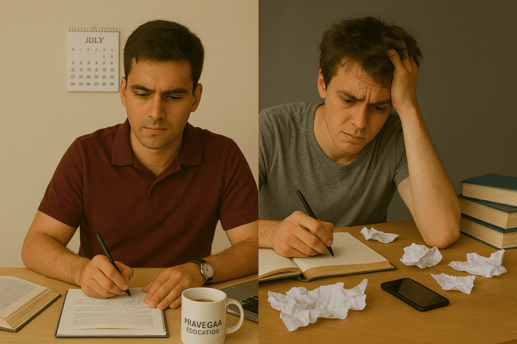 "Side-by-side comparison of two students preparing for exams: on the left, a confident and organized student with a Pravegaa Education mug, open notebook, July calendar, and neat desk; on the right, a stressed and disorganized student with crumpled papers, scattered books, a mobile phone, and a cluttered workspace."