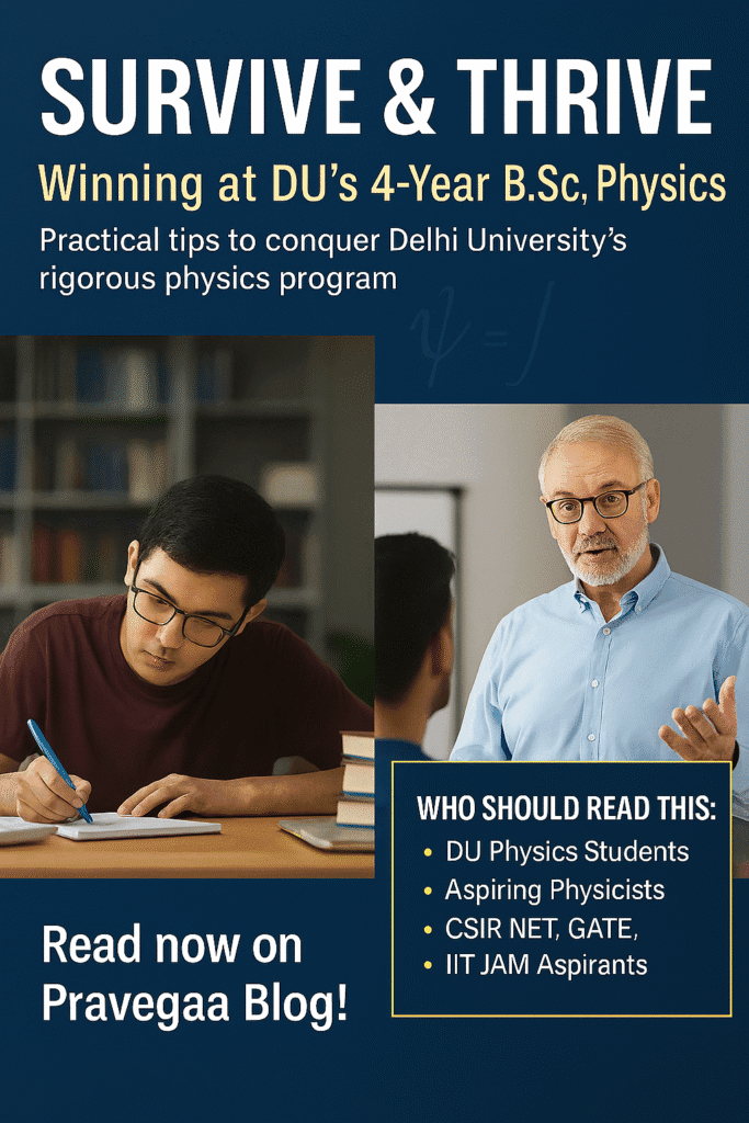 Promotional poster titled 'Survive & Thrive: Winning at DU’s 4-Year B.Sc, Physics' with tips to conquer Delhi University’s rigorous physics program. Features an image of a focused student studying and a professor explaining concepts. Text highlights that the blog is for DU Physics students, aspiring physicists, and CSIR NET, GATE, IIT JAM aspirants. Call to action: Read now on Pravegaa Blog!