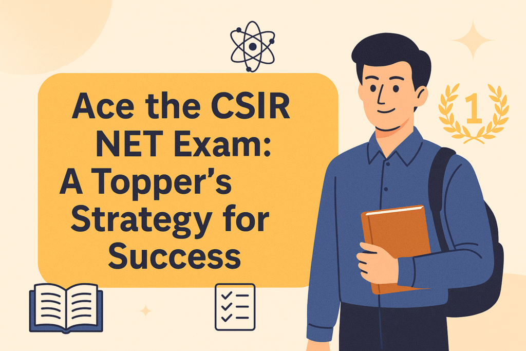 Illustration of a smiling student holding a book and wearing a backpack, next to a bold text box that reads ‘Ace the CSIR NET Exam: A Topper’s Strategy for Success’, with education icons like an atom, book, and checklist in the background