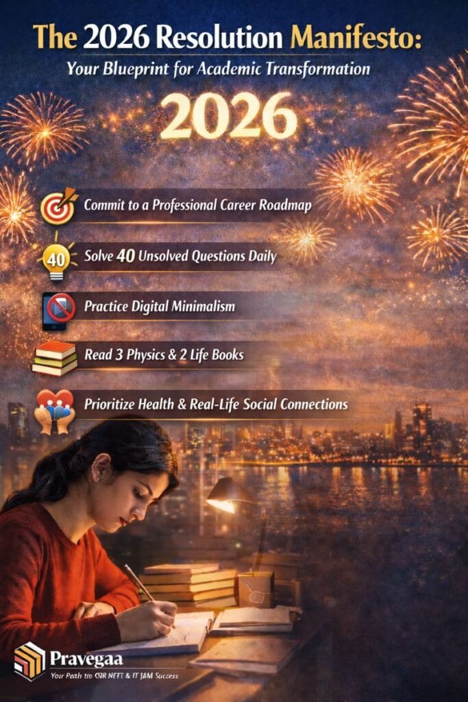 A focused female student studying at a desk at night with books and a lamp, symbolizing academic discipline and goal-setting for 2026, alongside the text “The 2026 Resolution Manifesto: Your Blueprint for Academic Transformation” highlighting career planning, daily problem solving, digital minimalism, reading habits, and health, by Pravegaa Education.