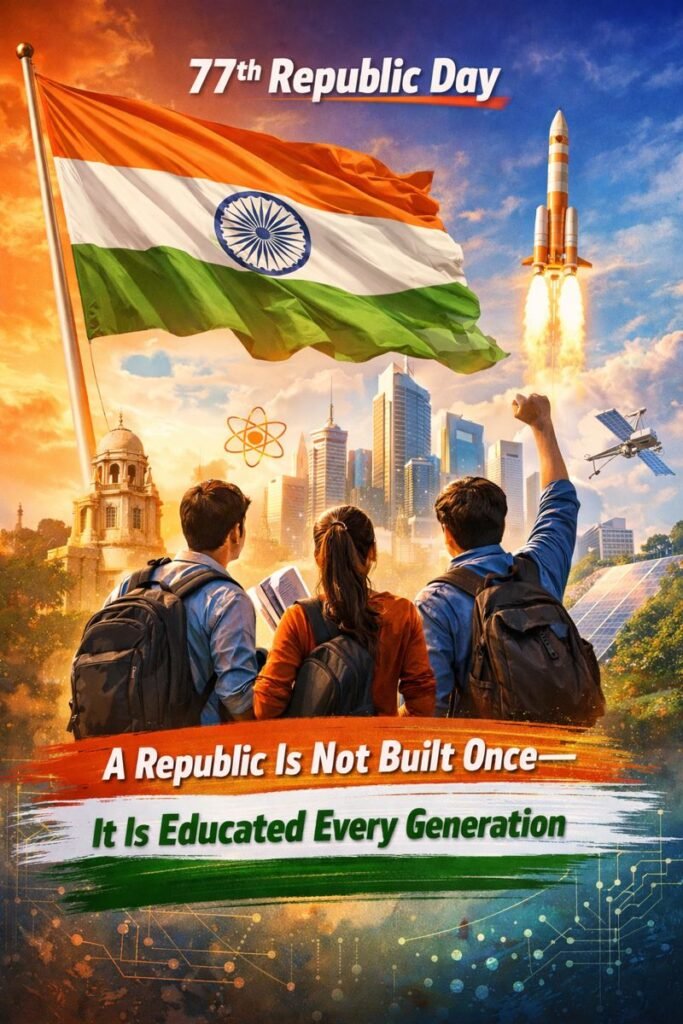 77th Republic Day of India showing the tricolour, students, and symbols of science, education, and national progress
