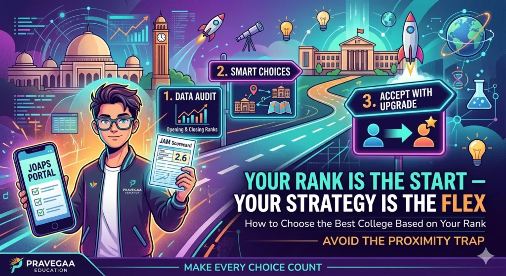 IIT JAM 2026 counselling strategy infographic showing data audit, smart choice filling, and accept with upgrade process to choose best college