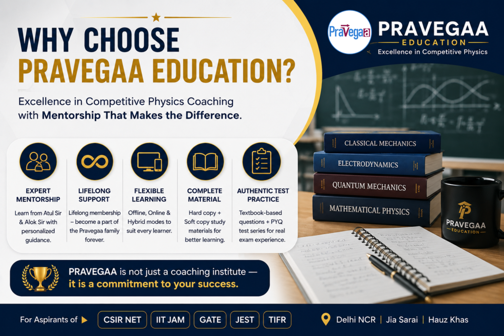 Why Choose Pravegaa Education featured image showing mentorship-based Physics coaching for CSIR NET, IIT JAM, GATE, JEST, and TIFR aspirants with study materials, flexible learning modes, and expert guidance.