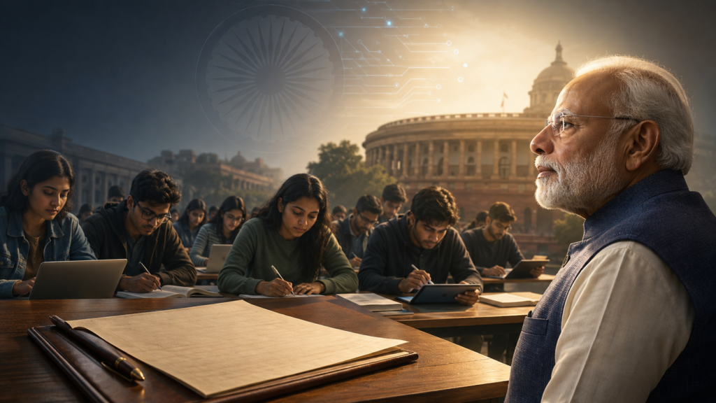 Indian students studying with Prime Minister Narendra Modi, representing the future of Indian education, AI-powered learning and educational reform.